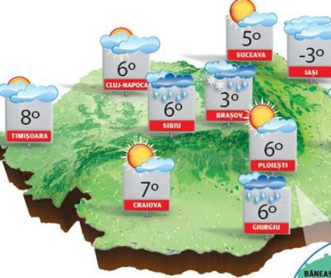 Vreme în ușoară încălzire, dar înnorată, cu ploi și precipitaţii mixte în unele zone