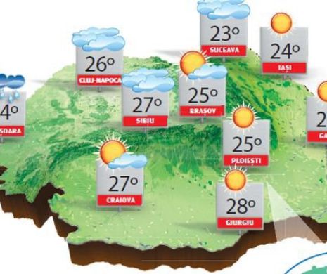 Astăzi maxime de 28 de grade C, de duminică, valorile termice vor scădea semnificativ | PROGNOZA METEO