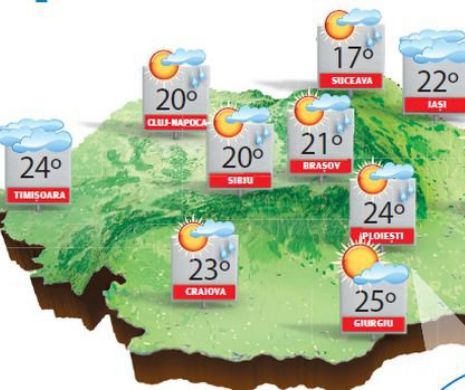 Ploile și grindina încă fac legea în mai multe zone, dar temperaturile rămân ridicate | PROGNOZA METEO