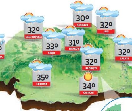 Vreme cu de toate: caniculă, disconfort termic accentuat, ploi în averse, vijelii și grindină | PROGNOZA METEO