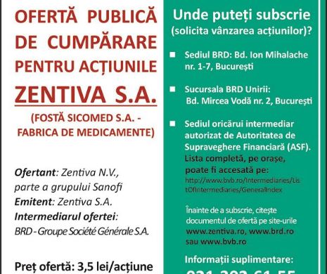 Zentiva N.V. inițiază oferta publică de cumpărare a acțiunilor Zentiva S.A. (fosta Sicomed S.A. – Fabrica de Medicamente)