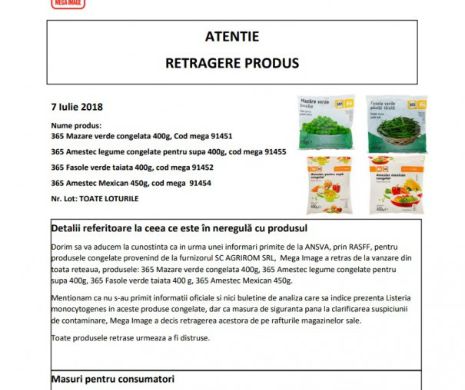 ANSVSA: Legumele congelate sunt retrase și rechemate ca măsură de precauție