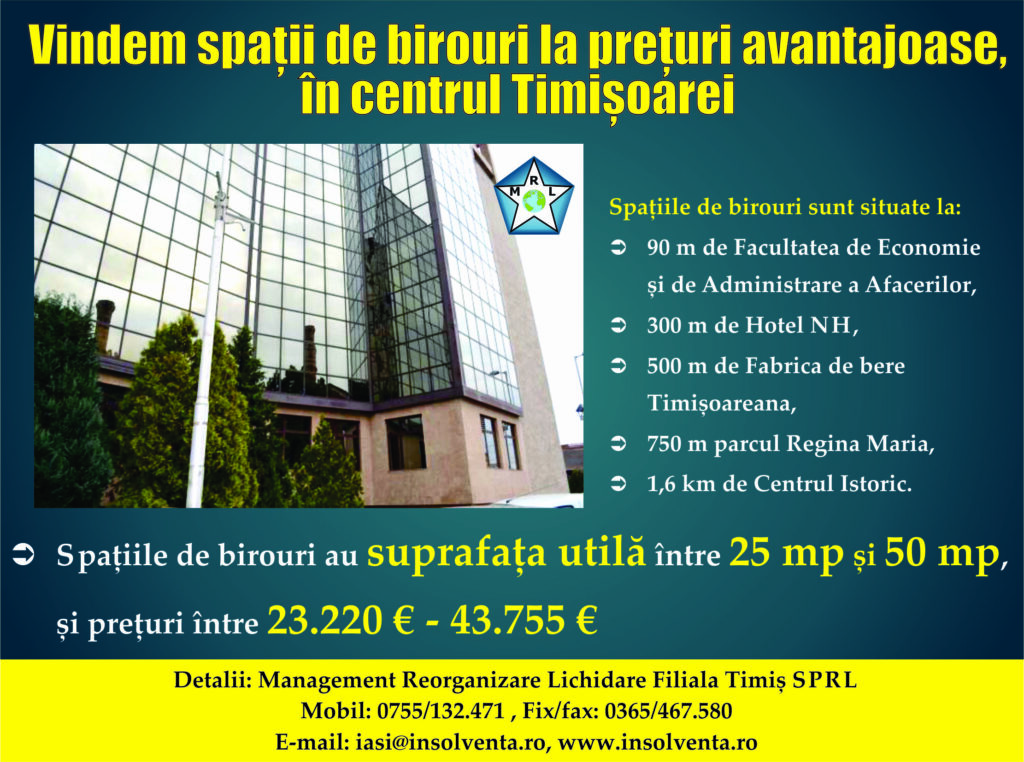 Vindem spații de birouri la prețuri avantajoase în centrul Timișoarei