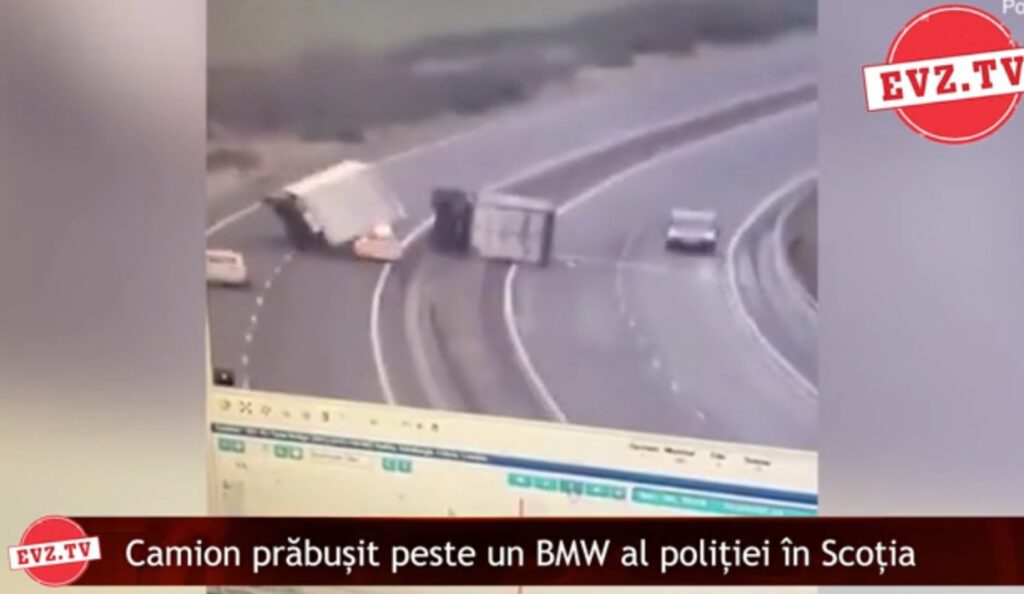 Evz.TV. Video șocant. BMW al poliției scoțiene, făcut zob de un camion