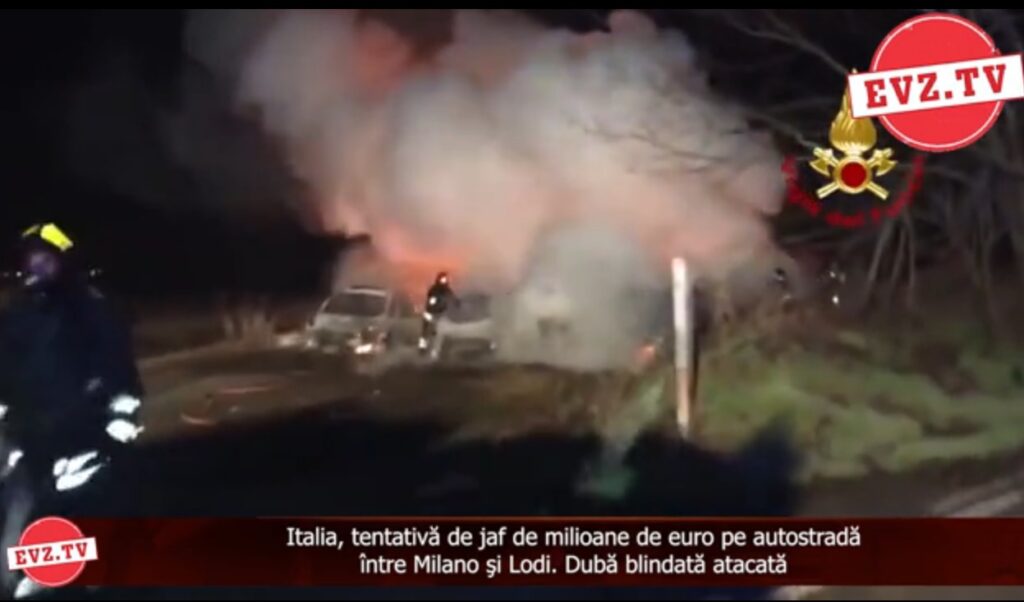 Evz.TV. Tentativă de jaf ca-n filme în Italia. 10 mașini au fost aruncate în aer