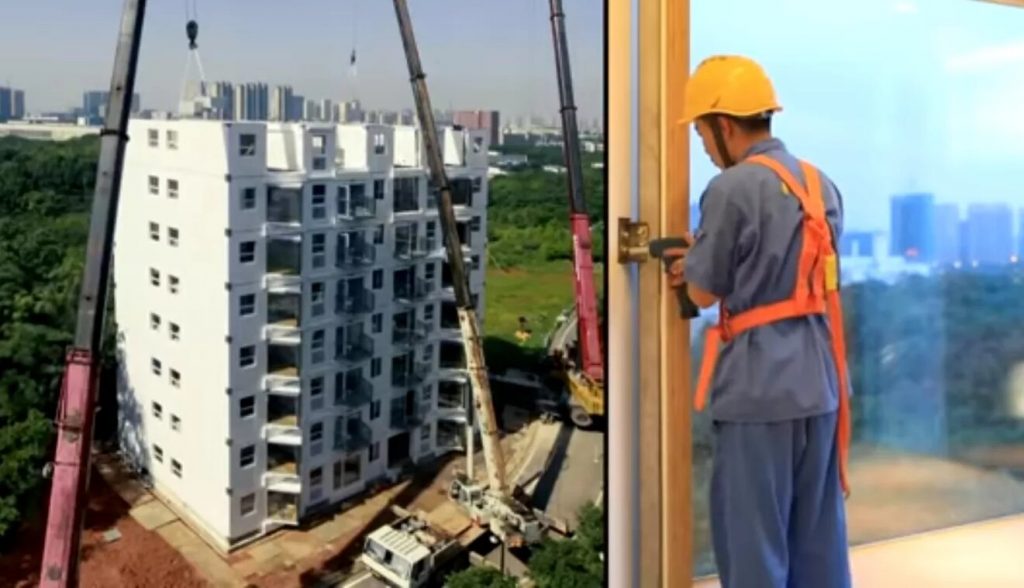 Bloc de 10 etaje, construit în 29 de ore. Au fost folosite doar trei macarale. Rezistă la cutremure mari şi taifunuri. Video