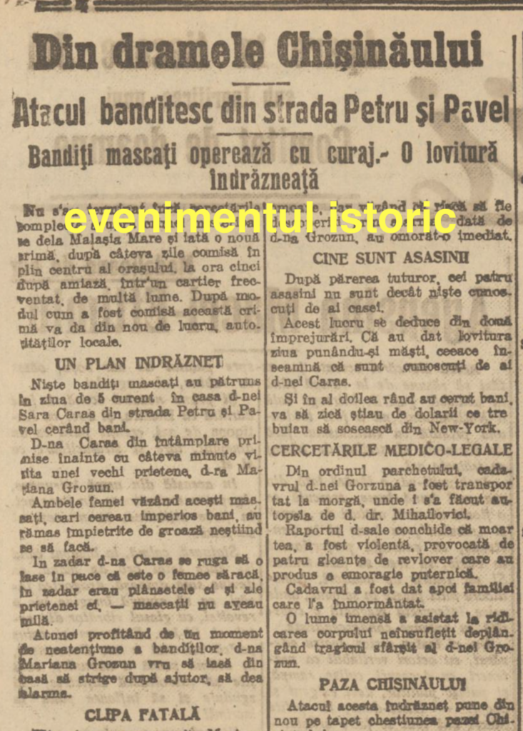 Din dramele Chişinăului interbelic. Atac banditesc. Bandiţi mascaţi operează în curaj ziua în amiaza mare