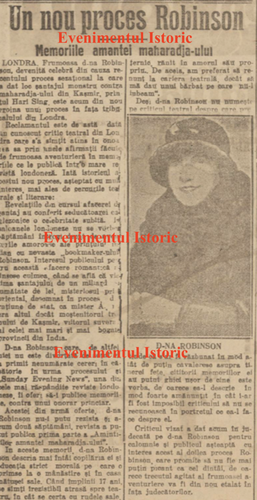 Dezvăluirile amantei Mahradjahului din Kașmir, un proces de șantaj și calomnie celebru. Memoria Presei Interbelice