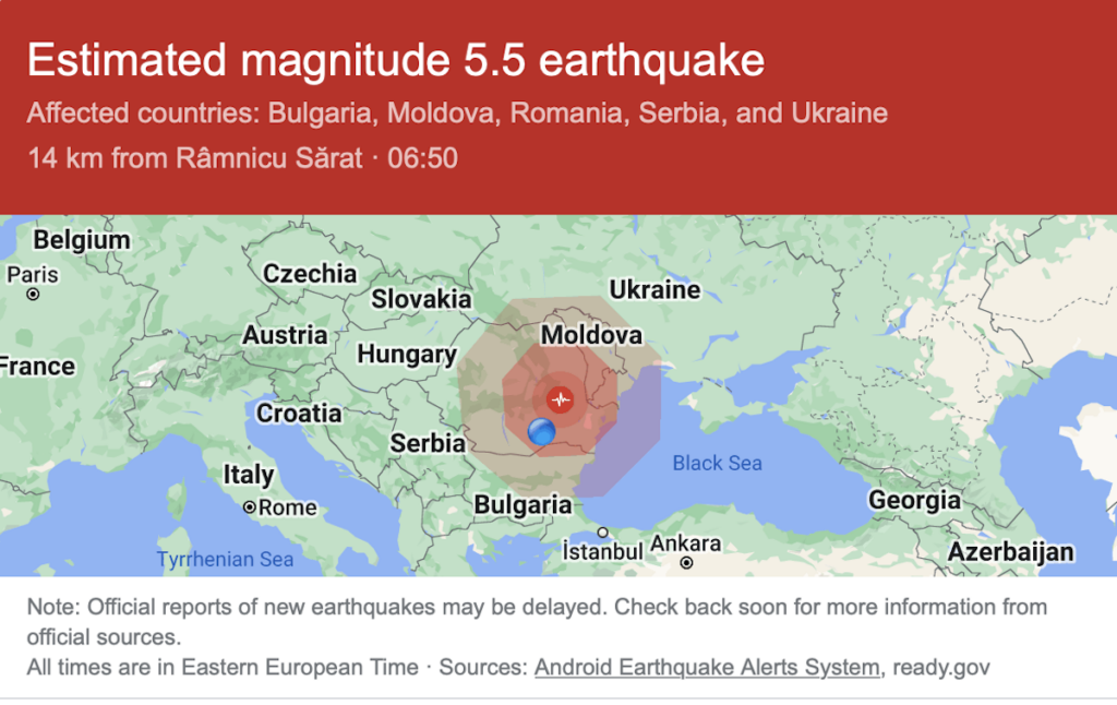 Ora 06.50: Cutremur de 5,5 grade în România. S-a simțit în România, Bulgaria, Ucraina