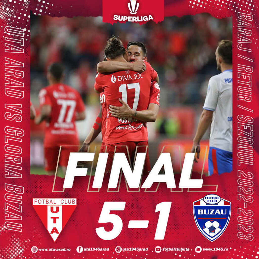 UTA Arad a învins cu 5-1 Gloria Buzău și rămâne în Superligă