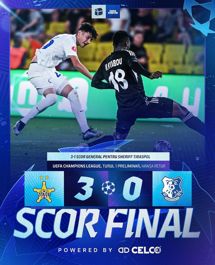 Campioana României, eliminată din preliminariile Ligii Campionilor. Farul, fără reacție la Tiraspol