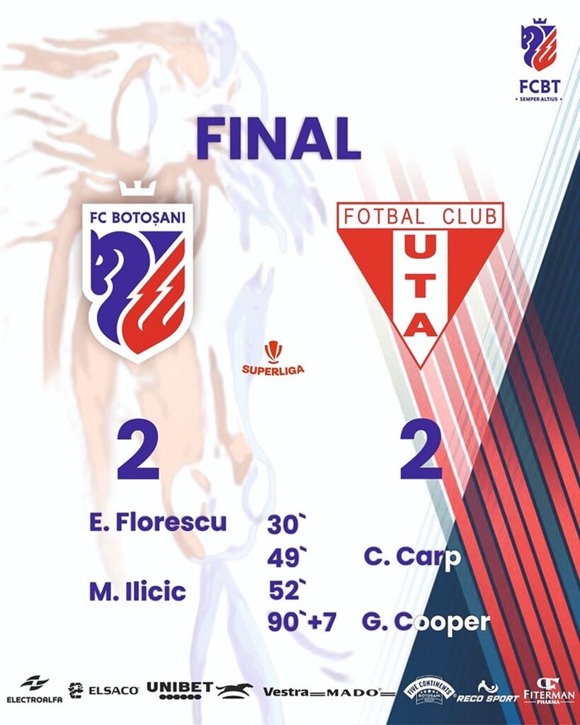 Superliga: FC Botoșani-UTA Arad, 2-2. Centralul a întrerupt partida de două ori