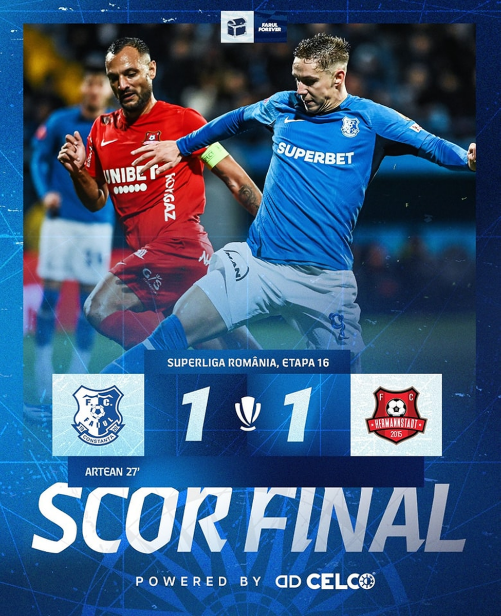 Farul Constanța, egalată în ultimele secunde de Hermannstadt. Hagi a fost eliminat și l-a alergat pe arbitru