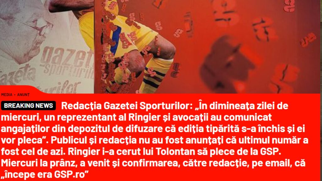Gazeta Sporturilor și-a încetat apariția pe hârtie. Tolontan, pus pe liber