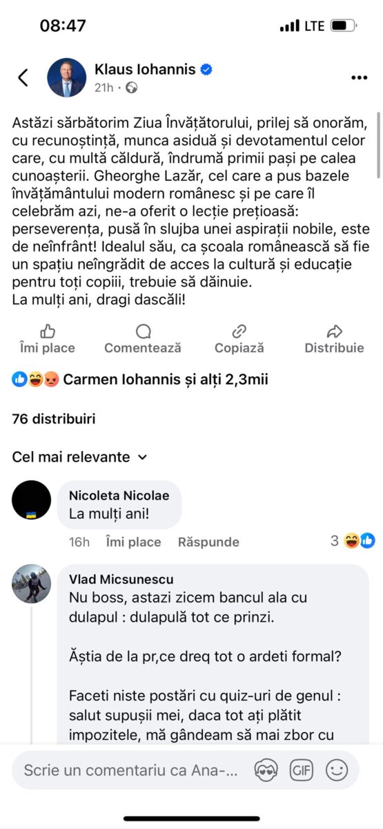 „Festival” pe pagina președintelui, de Ziua Învățătorului. Revoltă după urarea lui Klaus Iohannis