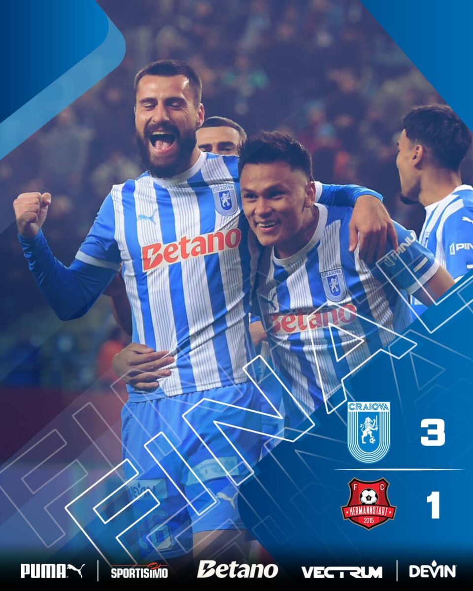 Universitatea Craiova - Hermannstadt, 3-1. Oltenii au revenit după ce au fost conduși și au urcat pe 2 în clasament