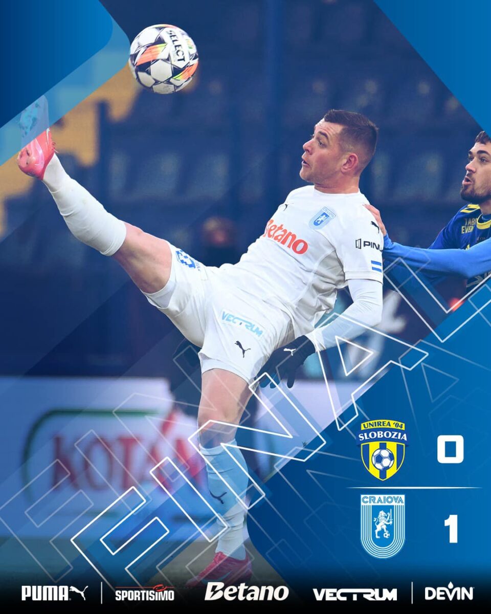 Superliga. Unirea Slobozia - Universitatea Craiova, 0-1. Trei puncte de aur pentru olteni, care au devenit lideri