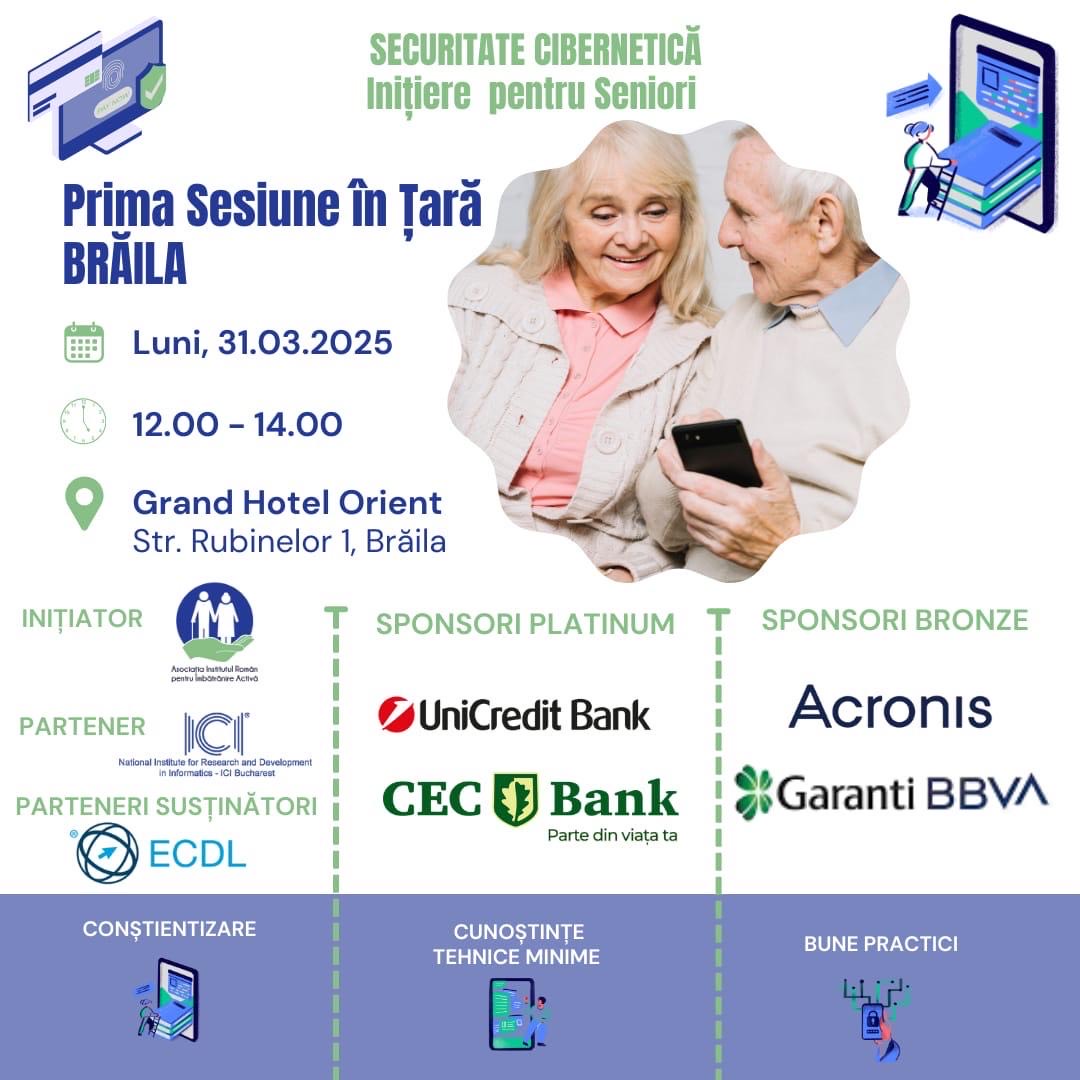 Seniorii, inițiați în Securitatea Cibernetică. Program lansat de Asociația Institutul Român pentru Îmbătrânire Activă, în parteneriat cu ICI București