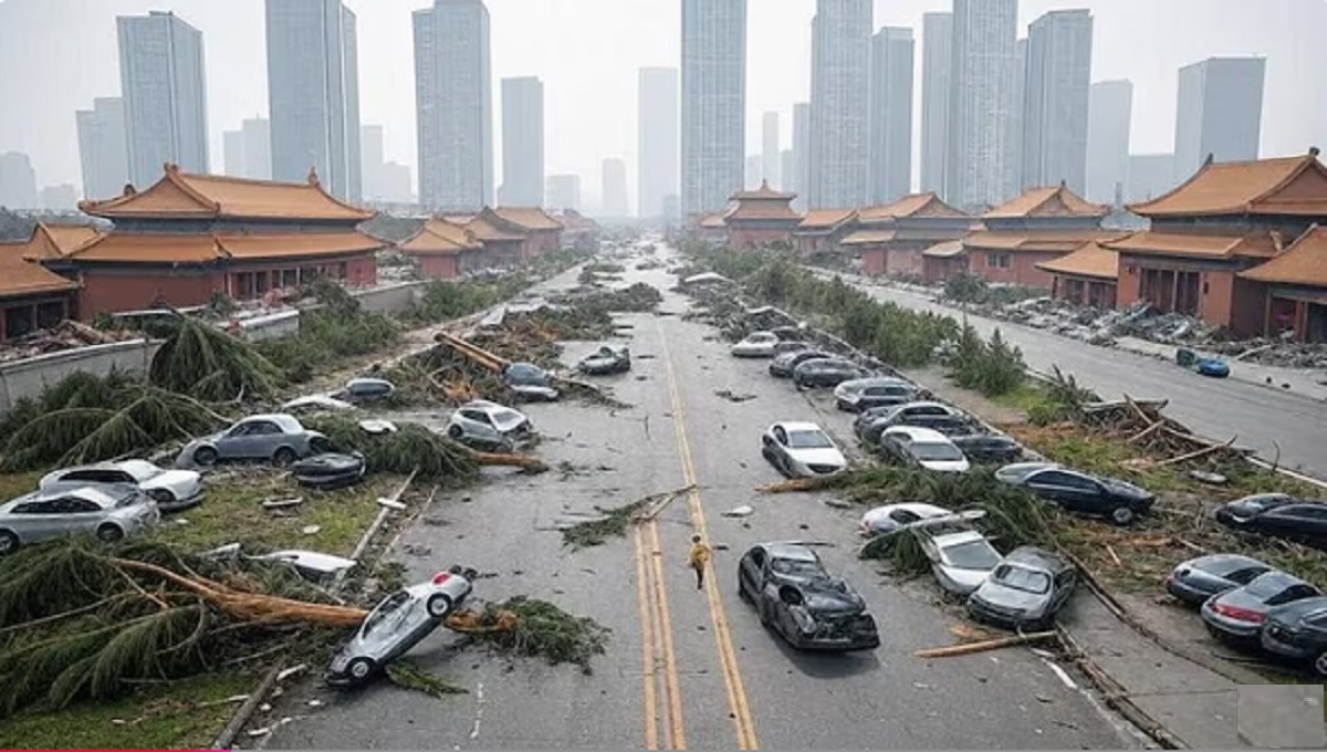 Oameni luați de vânt, la propriu. Cât de puternică e furtuna în China