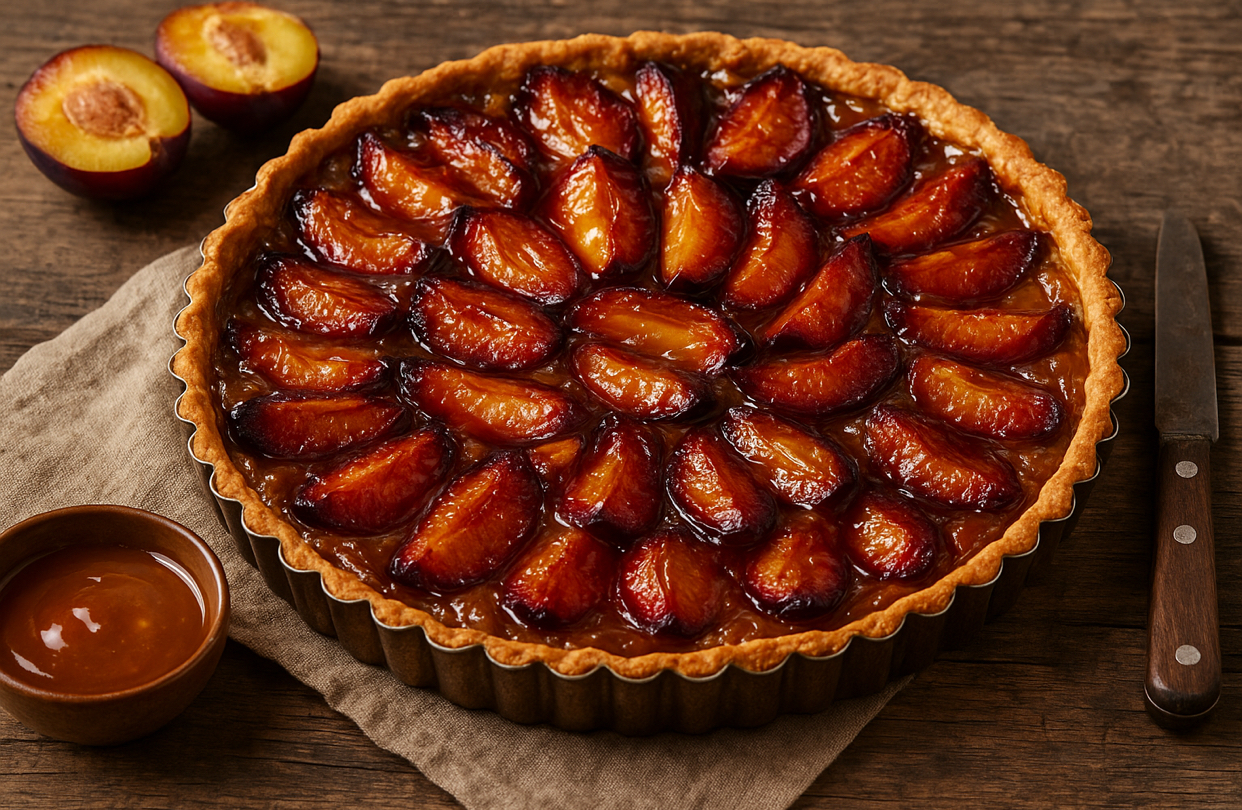 Rețetă de tartă cu prune și caramel. Deliciul care te cucerește de la prima felie