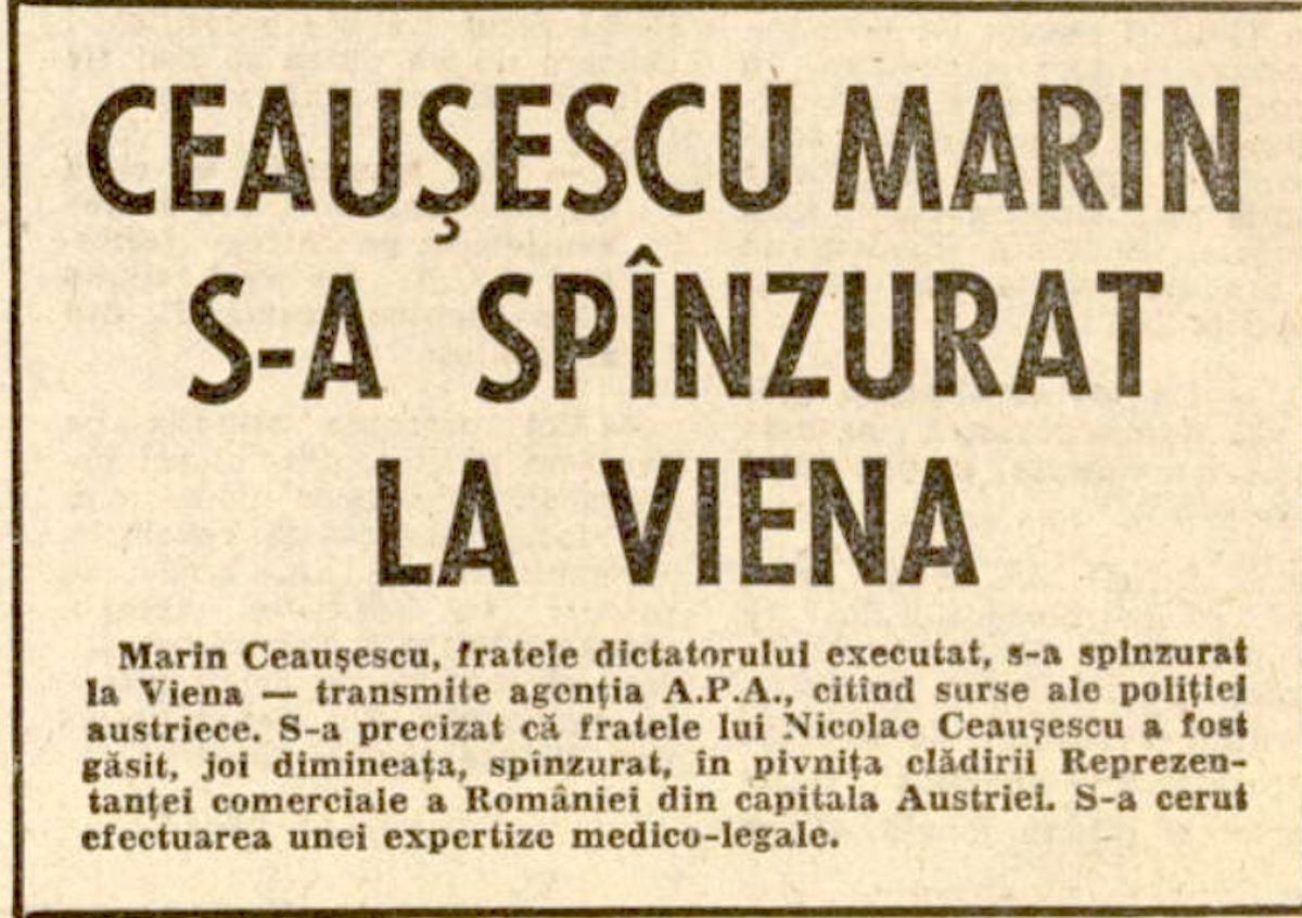 29 decembrie. Marin Ceaușescu, fratele mai mare al lui Nicolae, se sinucide la Viena. Care a fost soarta lui Ilie, Andruța și Florea