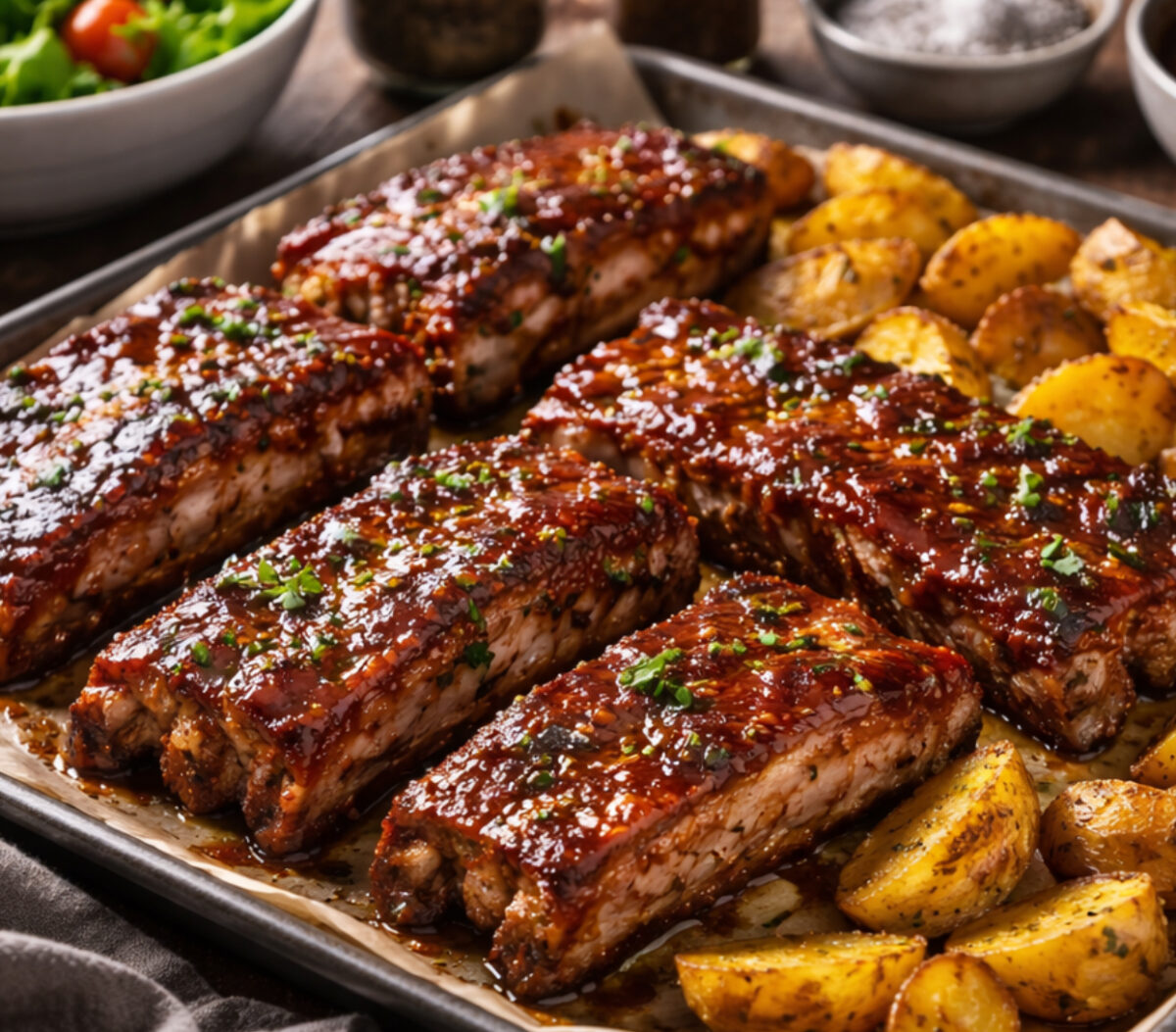 Coaste cu miere și cartofi la cuptor. Preparatul ideal pentru un prânz în familie