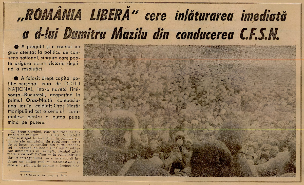 13 ianuarie 1990. După "Jos Iliescu!" începe campania de "presă comunistă" împotriva lui Dumitru Mazilu. Acuzat de plagiat și legături cu Securitatea