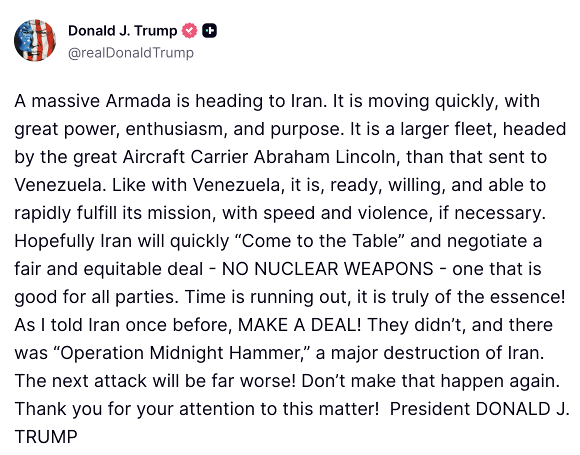 Ultimatum pe TruthSocial. Trump anunță o „armadă masivă” spre Iran, în timp ce aliații regionali închid spațiul aerian. Exclusiv