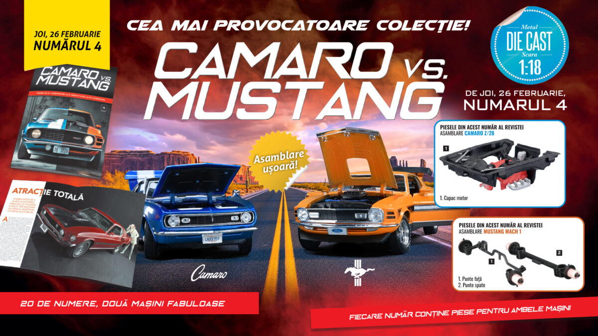 Camaro vs. Mustang - Colecționează cele 20 de reviste și construiește machetele celor două mașini. Piese noi, de mâine la chioșcuri