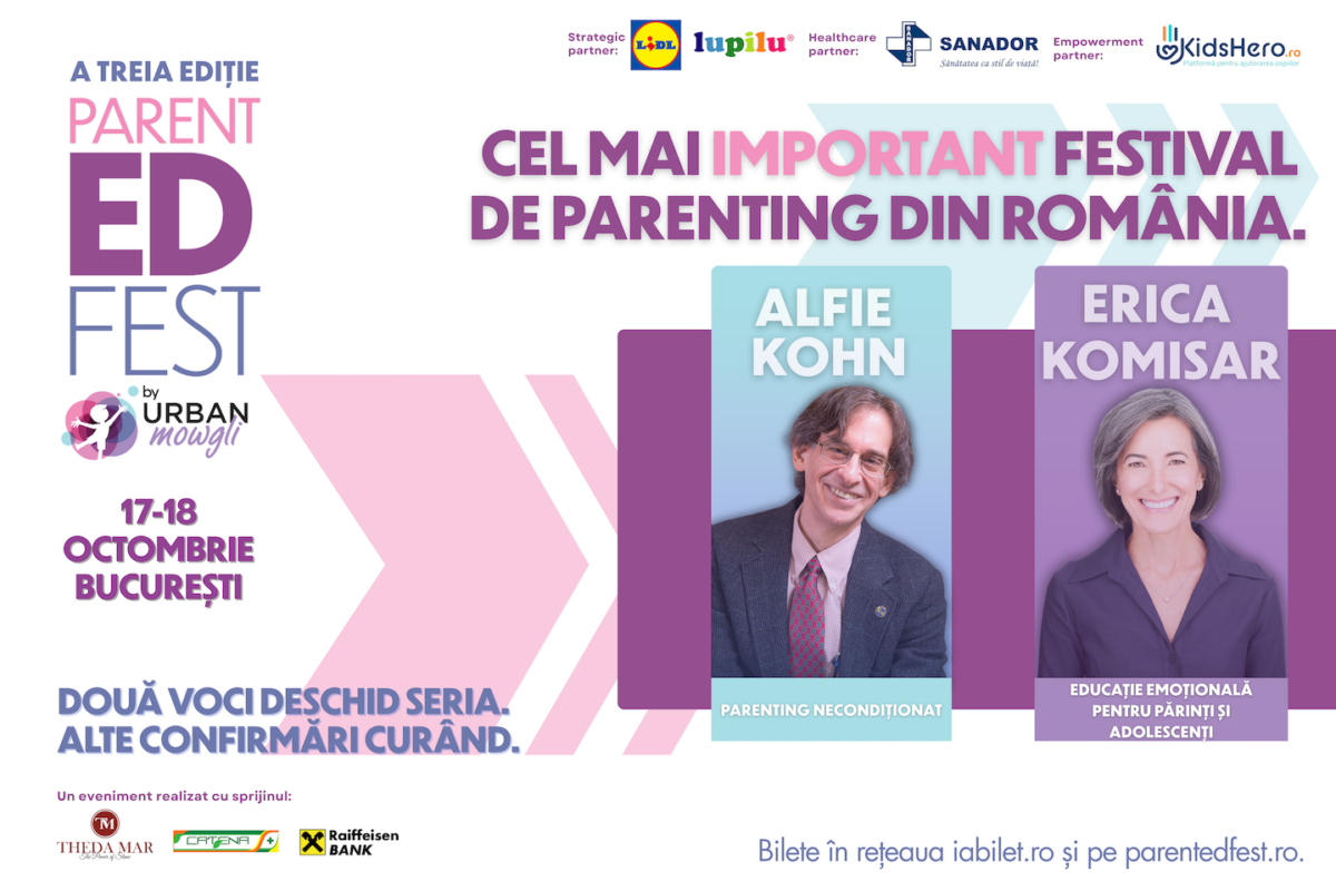 Două vedete ale parentingului internațional, Alfie Kohn și Erica Komisar, vin la ParentED Fest. Evenimentul are loc pe 17–18 octombrie, la București
