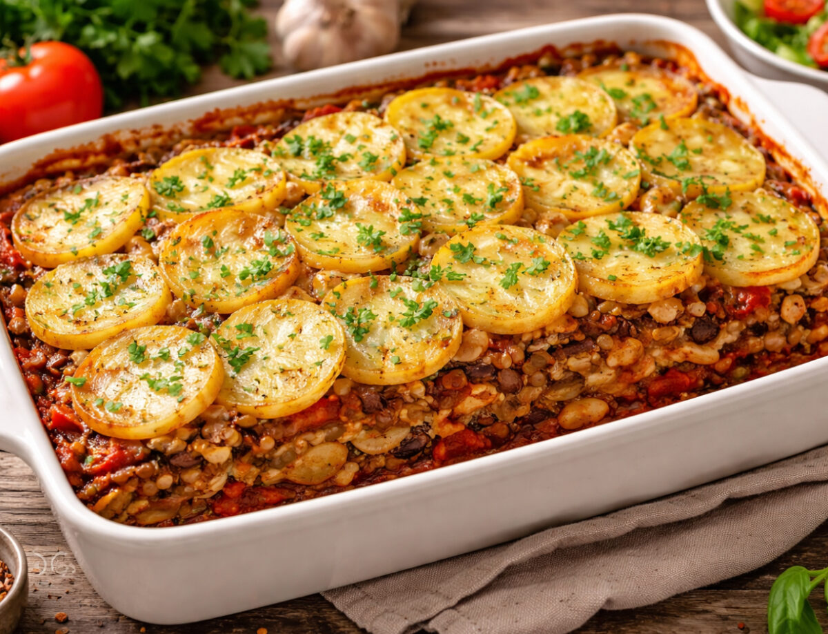 Musaca de post cu cartofi și sos de roșii. Preparatul adună întreaga familie la masă