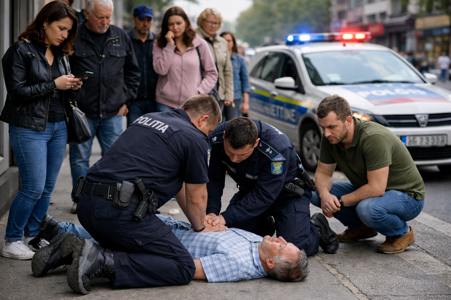 Un bărbat căzut pe un trotuar din capitală, resuscitat de doi polițiști. Era în stop cardio-respirator