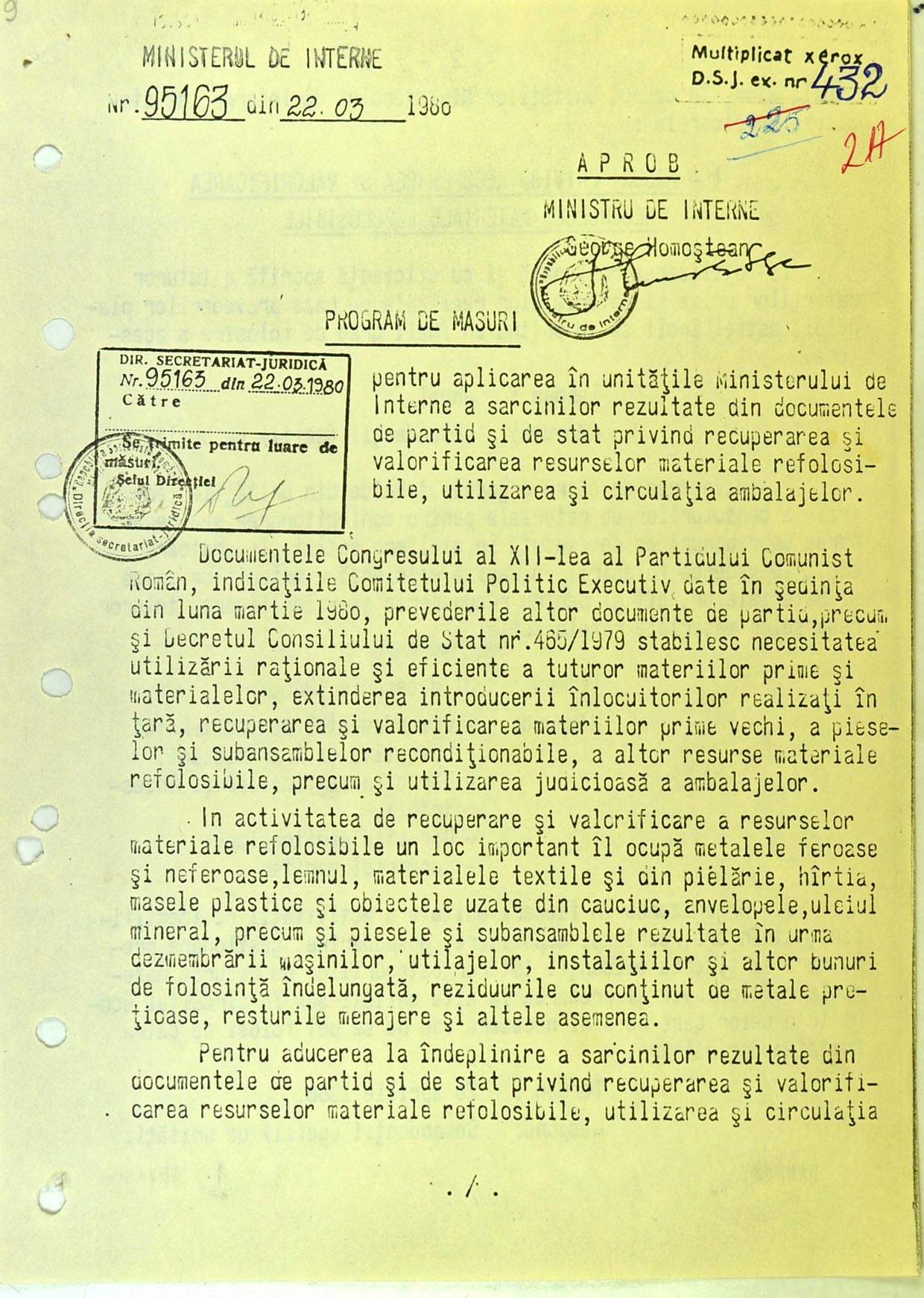 Document al Ministerului de Interne privind acțiunea 3R, 1980