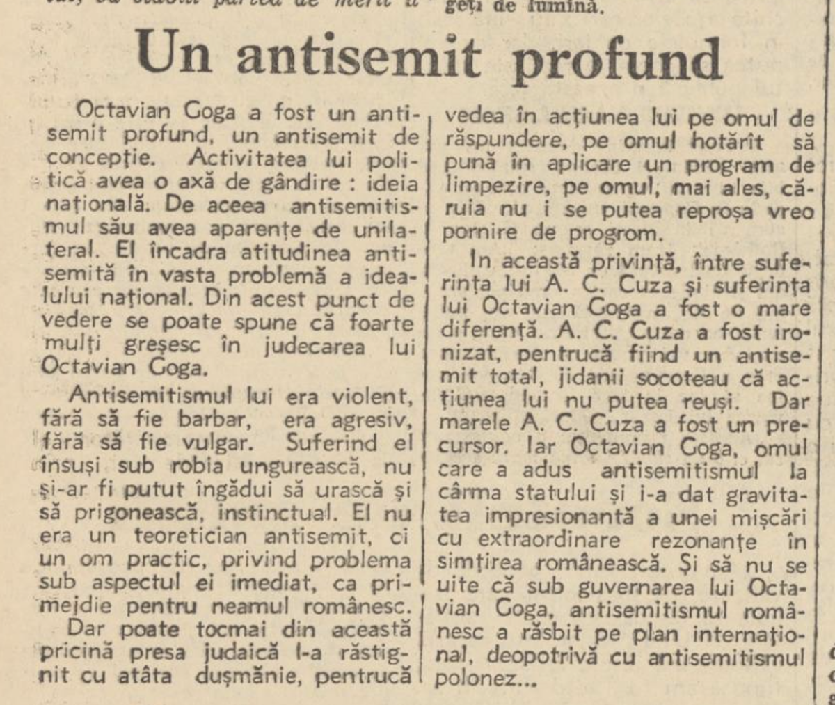 Articol despre politicianul Octavian Goga din ziarul pro-legionar Porunca Vremii, 1938
