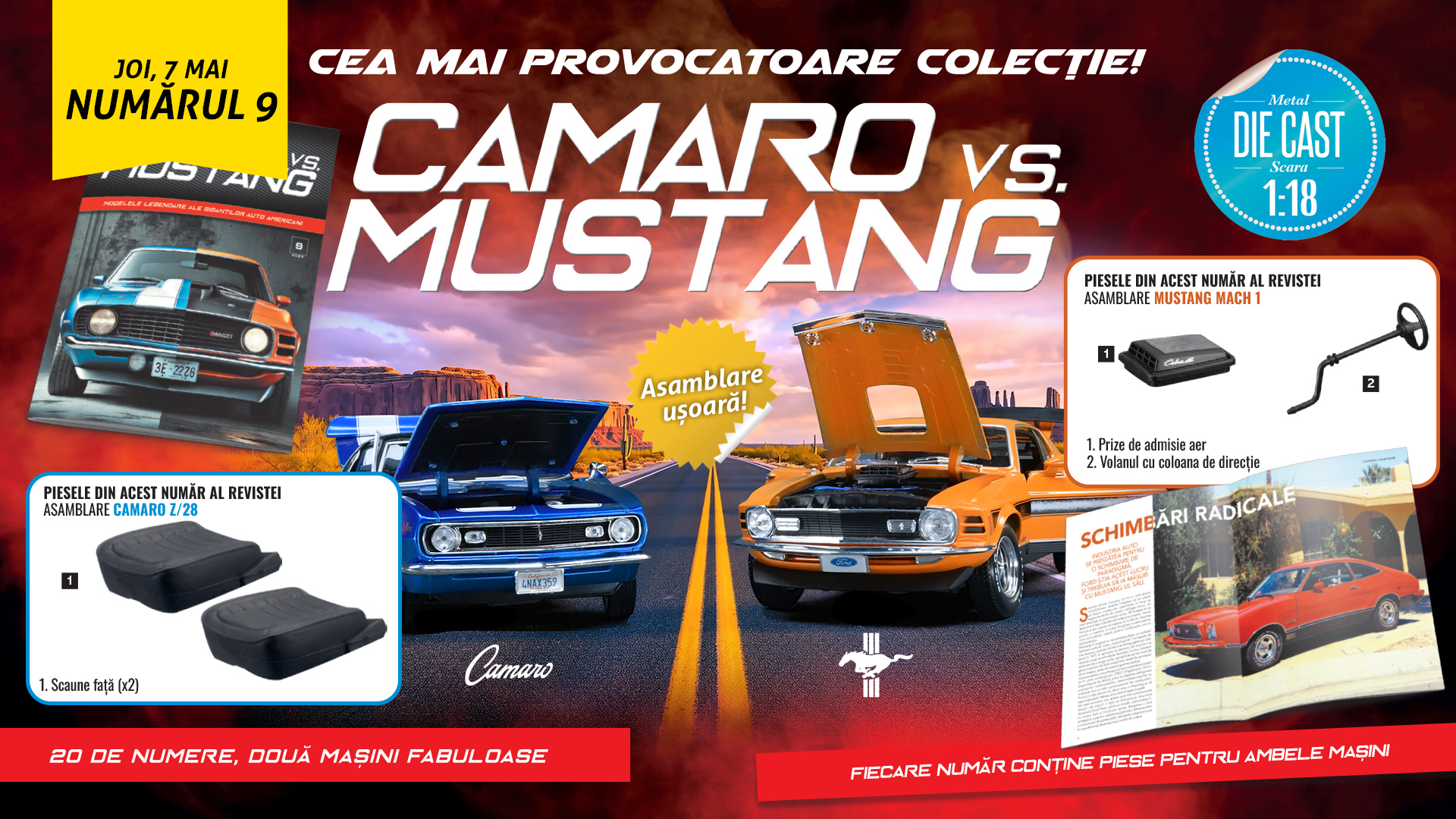 Istoria „Camaro vs. Mustang” continuă în nr. 9 al colecției, cu piese noi pentru machete. De joi, la chioșcuri