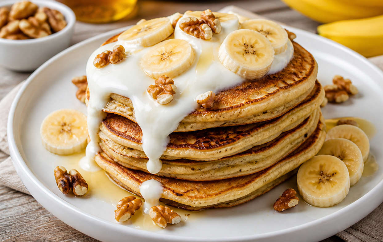 Desert cu puține calorii. Clătite americane cu banane și iaurt
