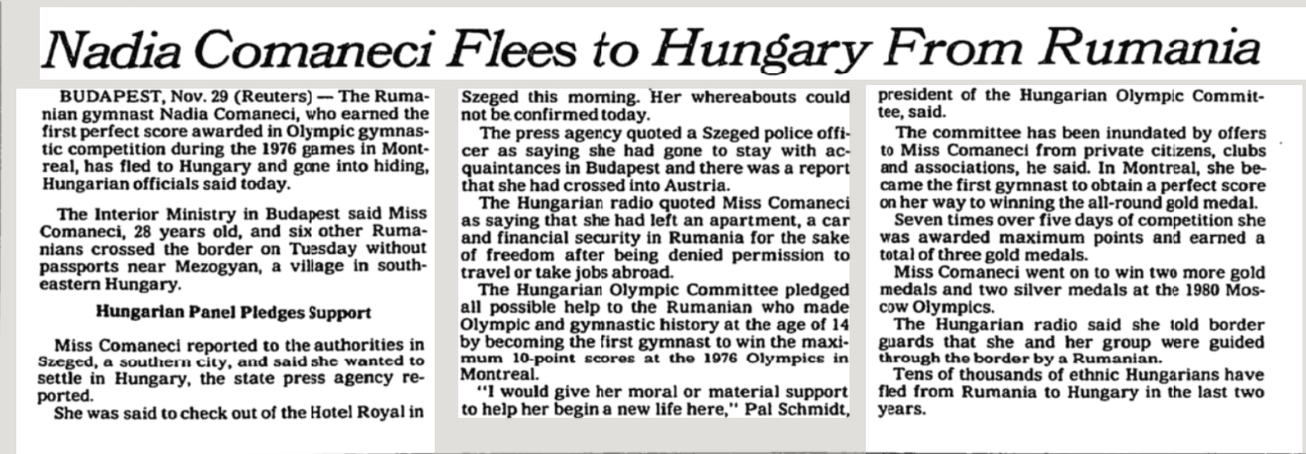 NYT despre fuga Nadiei în 1989