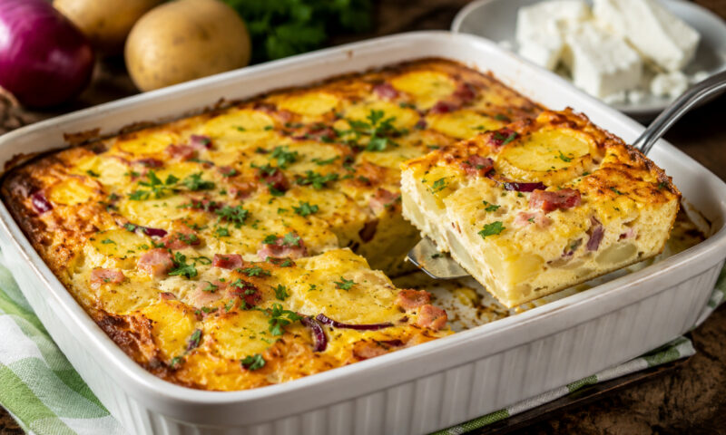 Omletă la cuptor cu cartofi și telemea. Un mic dejun perfect pentru zilele călduroase