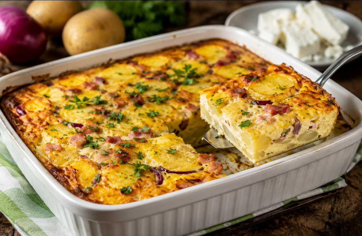Omletă la cuptor cu cartofi și telemea. Un mic dejun perfect pentru zilele călduroase