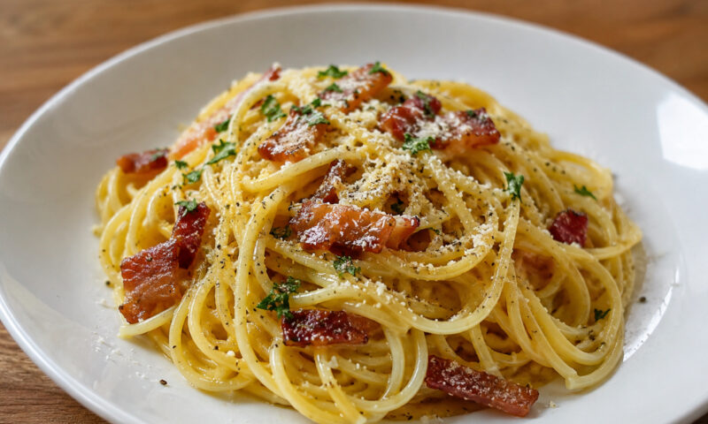 Paste carbonara cremoase, gata în 15 minute. Rețetă simplă și rapidă pentru două porții