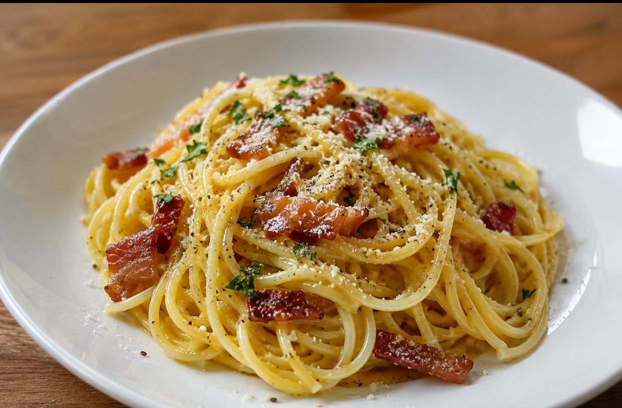 Paste carbonara cremoase, gata în 15 minute. Rețetă simplă și rapidă pentru două porții