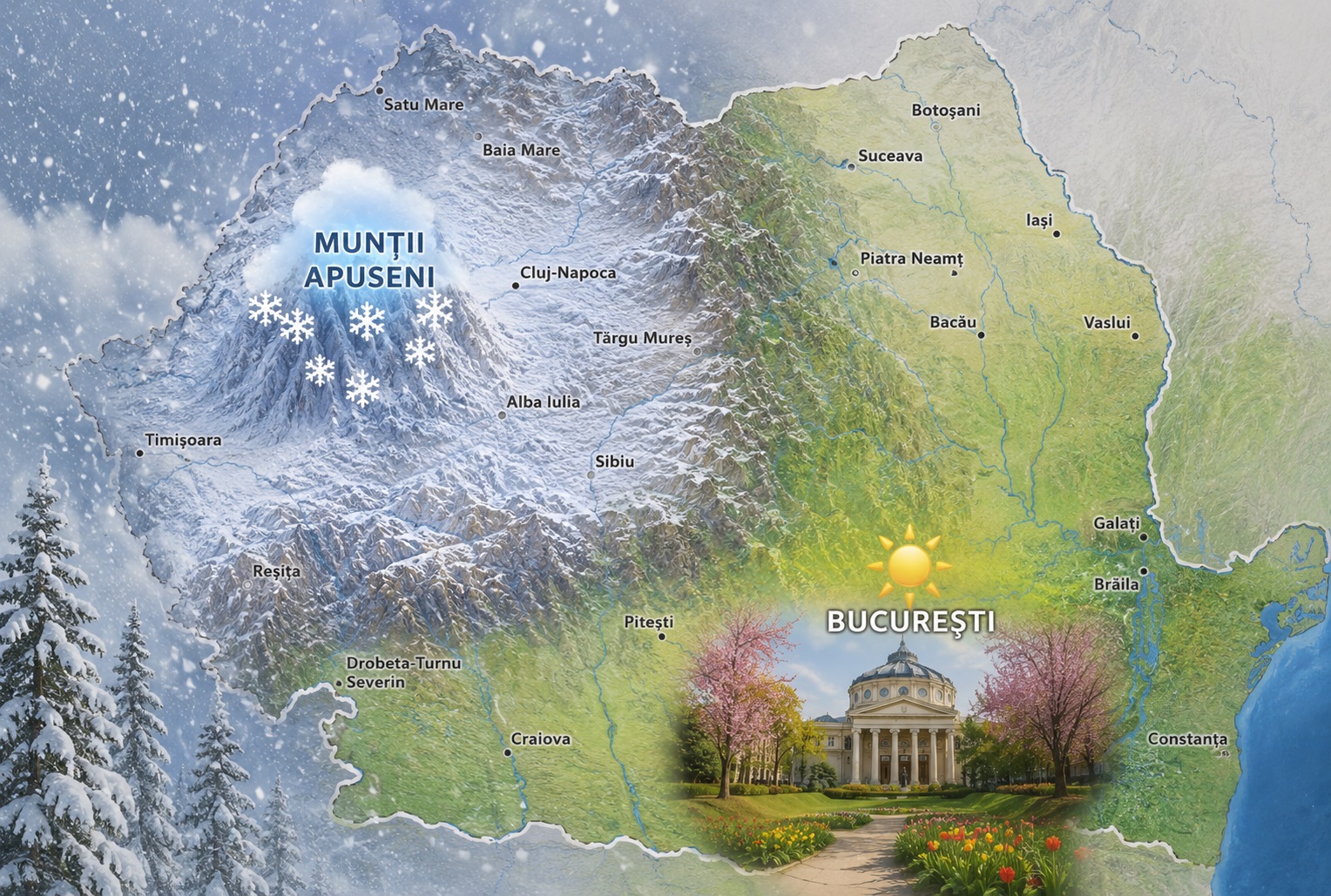 Vreme la extreme în România. Ninsori în Apuseni, grindină în sud