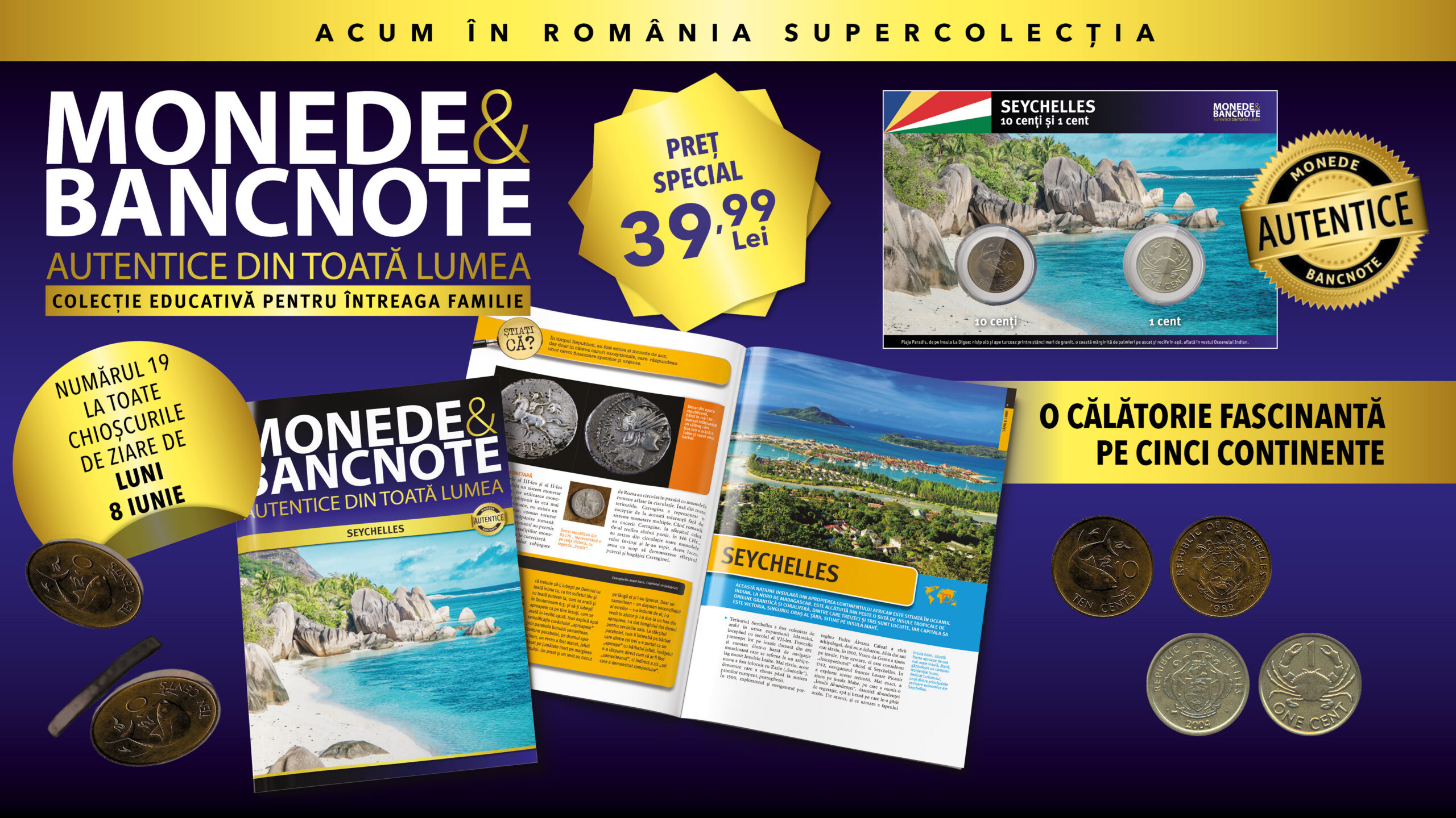 Colecția „Monede și Bancnote autentice din toată lumea” ajunge într-o destinație exotică: Seychelles. Revista, două monede și fișa numismatică, de luni, la chioșcuri!