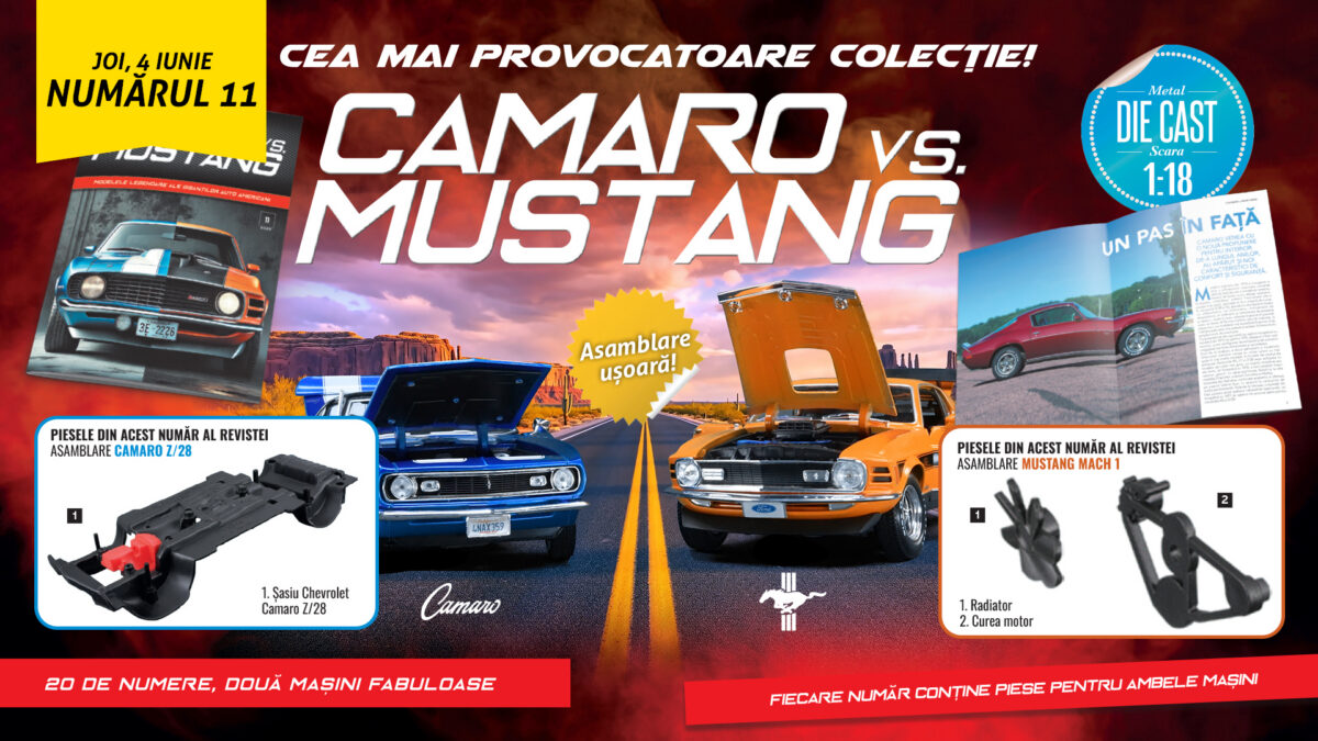Povestea competiției „Camaro vs.Mustang” continuă în numărul 11 al colecției. De joi, la toate chioșcurile, găsiți revista și piese noi pentru cele două machete!
