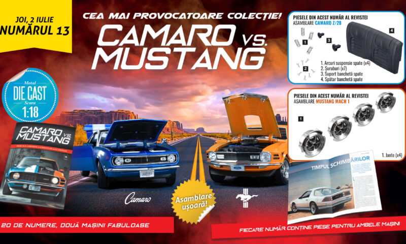 Colecția care aduce în prim plan rivalitatea „Camaro vs.Mustang” a ajuns la numărul 13. De joi, la toate chioșcurile, găsiți revista și piese noi pentru cele două machete!