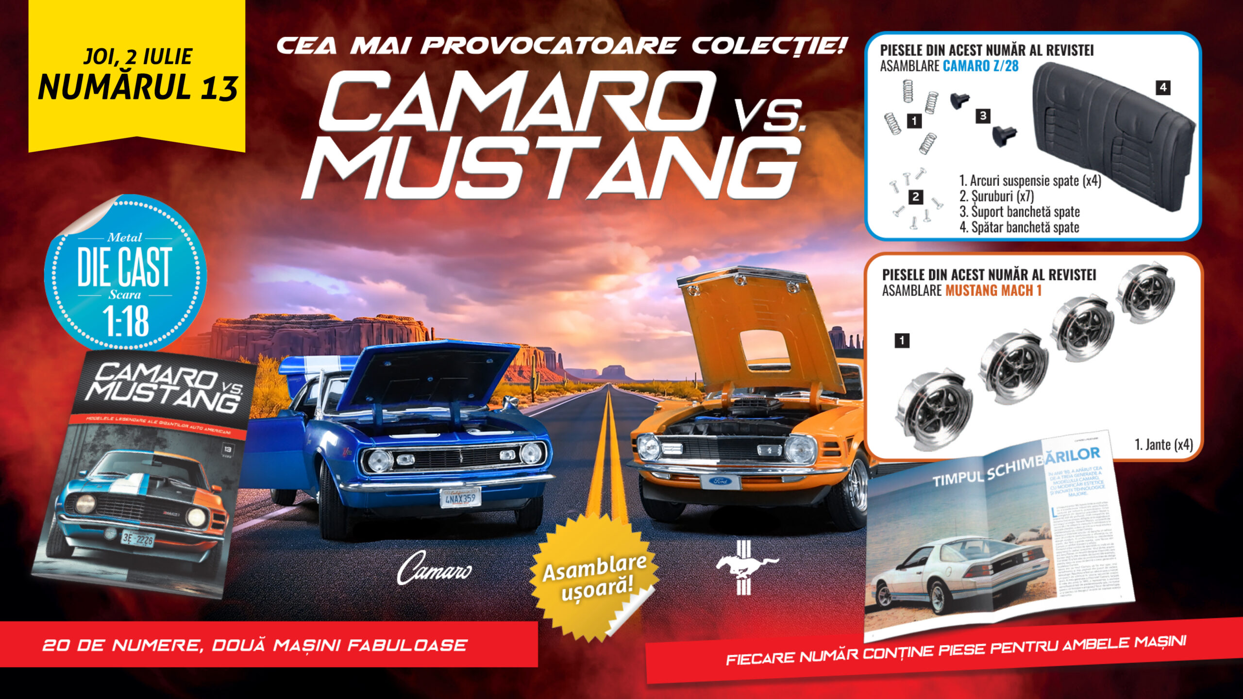 Colecția care aduce în prim plan rivalitatea „Camaro vs.Mustang” a ajuns la numărul 13. De joi, la toate chioșcurile, găsiți revista și piese noi pentru cele două machete!