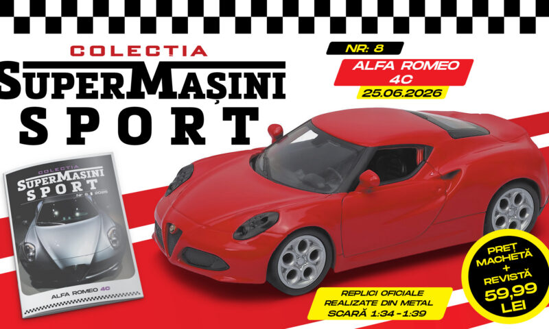 Colecția „SuperMașini Sport” revine în Italia, în numărul 8 fiind protagonist modelul Alfa Romeo 4C! Macheta metalică și revista, de joi la chioșcuri