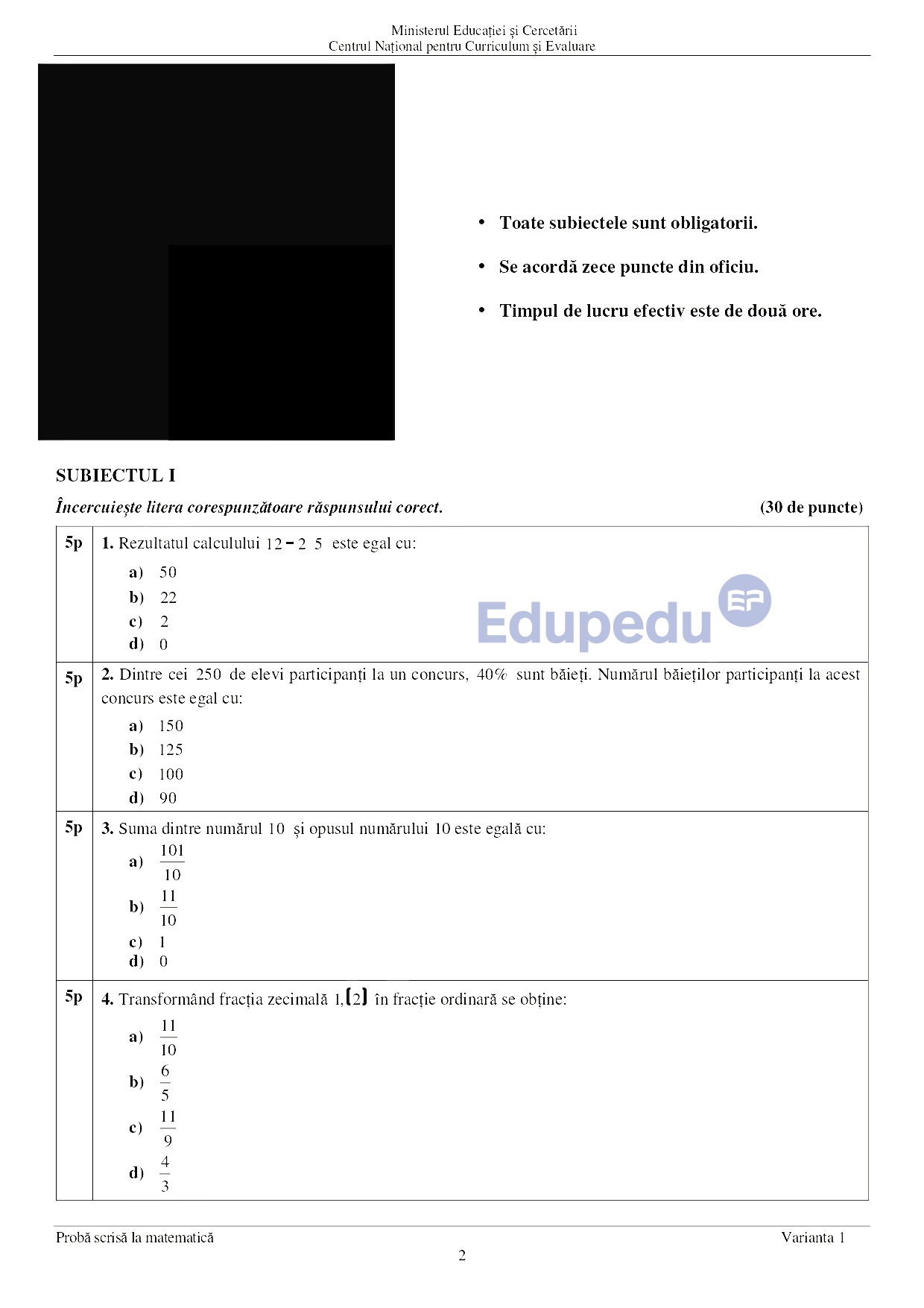 Evaluare Nationala Matematică 