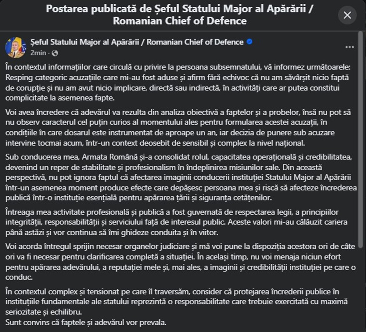 Postare Șeful Armatei