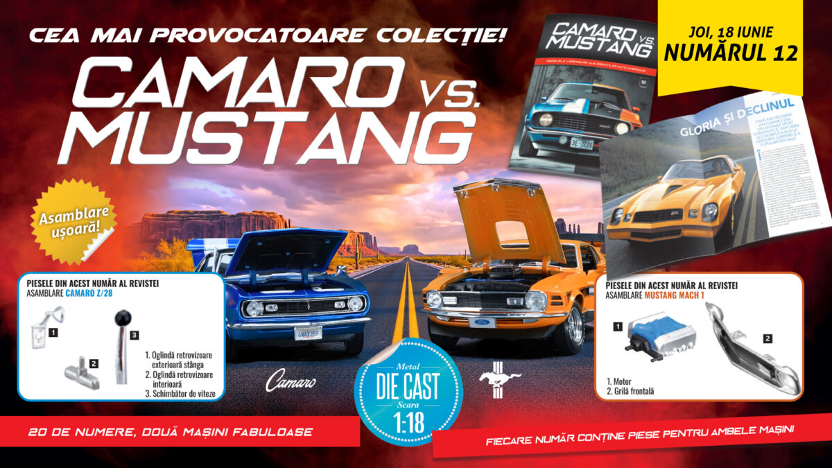 Un nou episod din istoria rivalității „Camaro vs.Mustang”, în numărul 12 al colecției. De joi, la toate chioșcurile, găsiți revista și piese noi pentru cele două machete!